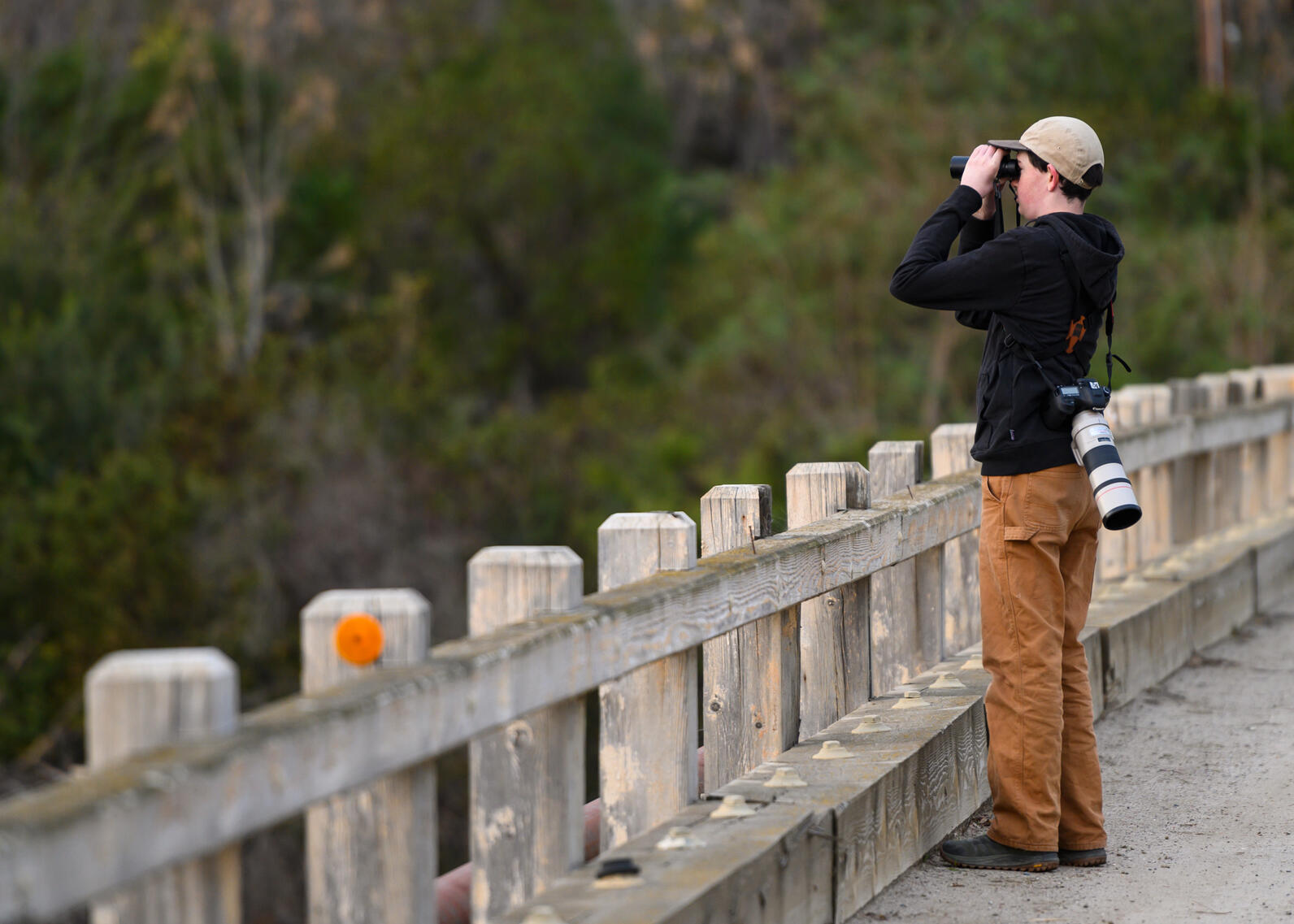 Max Breshears hold binoculars as he spots birds flying across the Ventura River.
